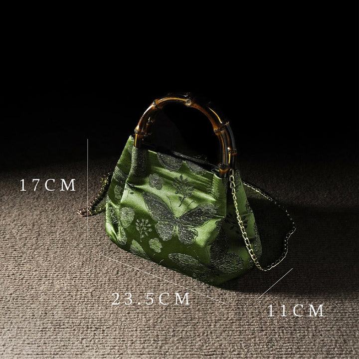 Borsa a tracolla con catena in metallo e manico in bambù, motivo : Buddha Stones Jacquard Flowers Butterfly Hangbags