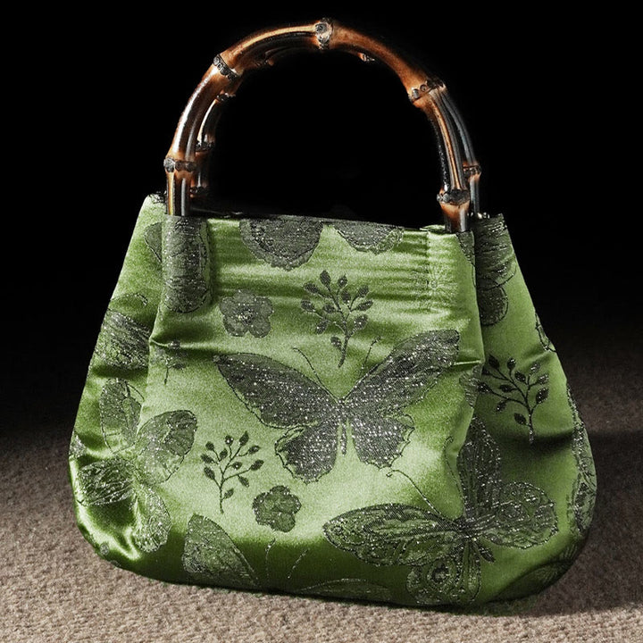 Borsa a tracolla con catena in metallo e manico in bambù, motivo : Buddha Stones Jacquard Flowers Butterfly Hangbags