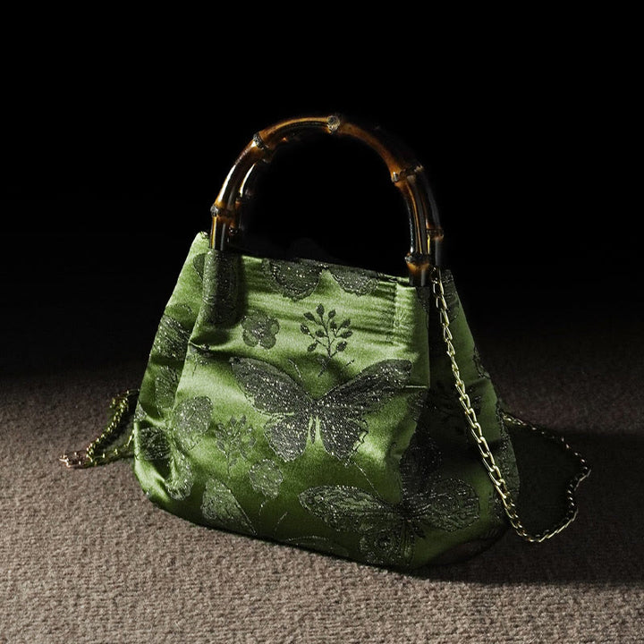Borsa a tracolla con catena in metallo e manico in bambù, motivo : Buddha Stones Jacquard Flowers Butterfly Hangbags