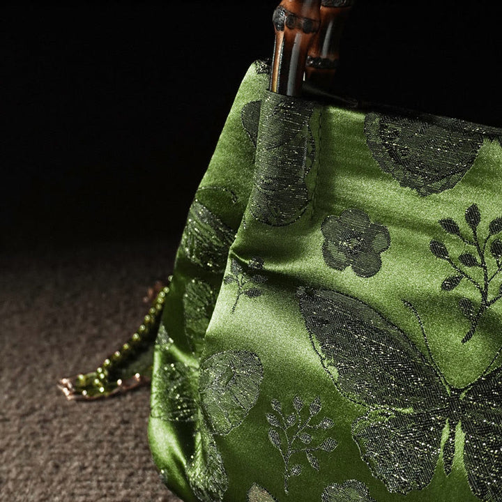 Borsa a tracolla con catena in metallo e manico in bambù, motivo : Buddha Stones Jacquard Flowers Butterfly Hangbags