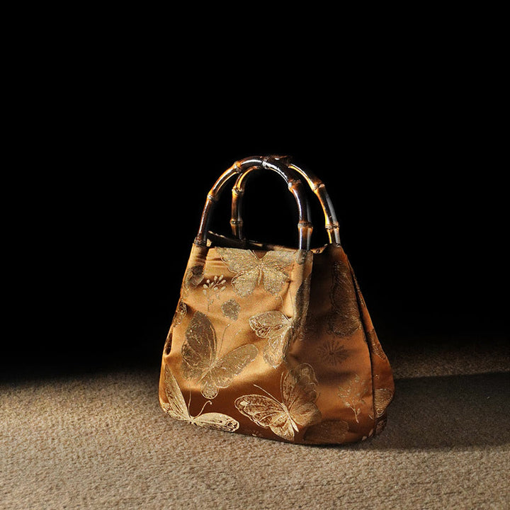 Borsa a tracolla con catena in metallo e manico in bambù, motivo : Buddha Stones Jacquard Flowers Butterfly Hangbags