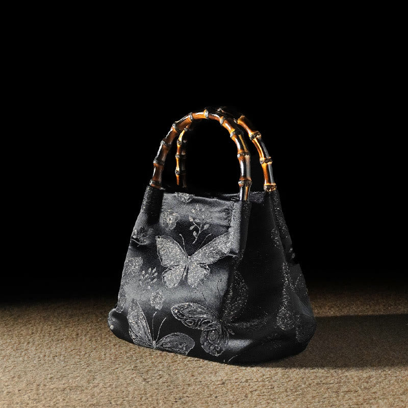 Borsa a tracolla con catena in metallo e manico in bambù, motivo : Buddha Stones Jacquard Flowers Butterfly Hangbags