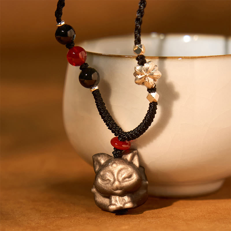 Collana con ciondolo di protezione a forma di volpe a nove code in ossidiana lucida d'argento naturale Buddha Stones