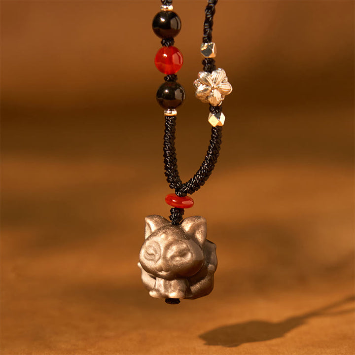 Collana con ciondolo di protezione a forma di volpe a nove code in ossidiana lucida d'argento naturale Buddha Stones