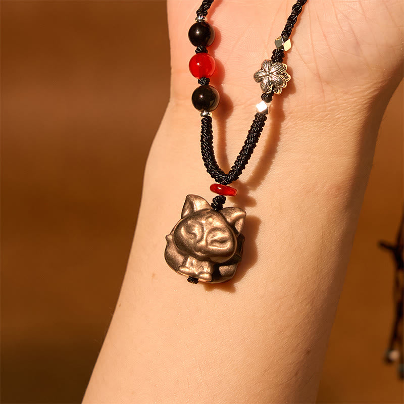 Collana con ciondolo di protezione a forma di volpe a nove code in ossidiana lucida d'argento naturale Buddha Stones