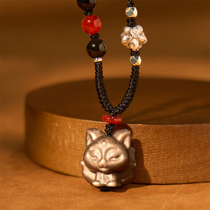 Collana con ciondolo di protezione a forma di volpe a nove code in ossidiana lucida d'argento naturale Buddha Stones