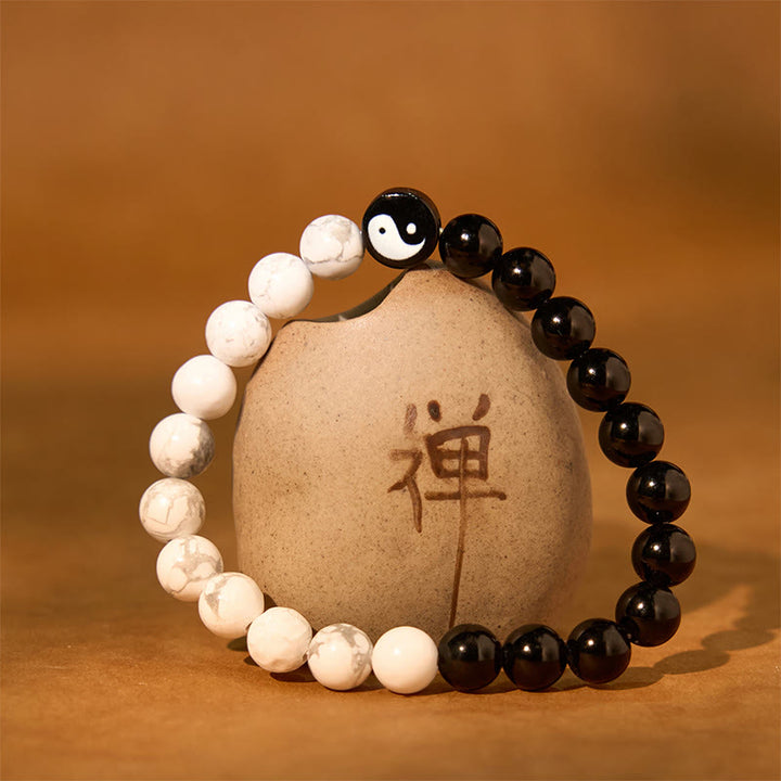 Braccialetto di forza Tai Chi Yinyang in ossidiana naturale turchese bianco Buddha Stones