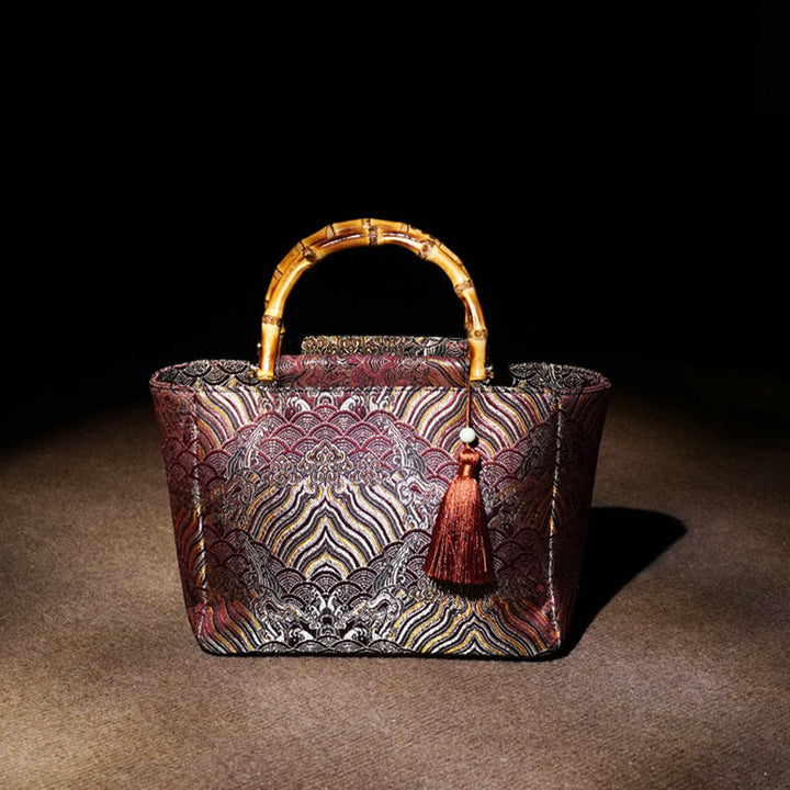 Borse con manico in bambù, perline e nappe, motivo a onde di acqua di mare , Buddha Stones