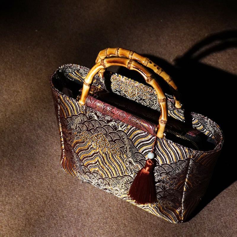 Borse con manico in bambù, perline e nappe, motivo a onde di acqua di mare , Buddha Stones