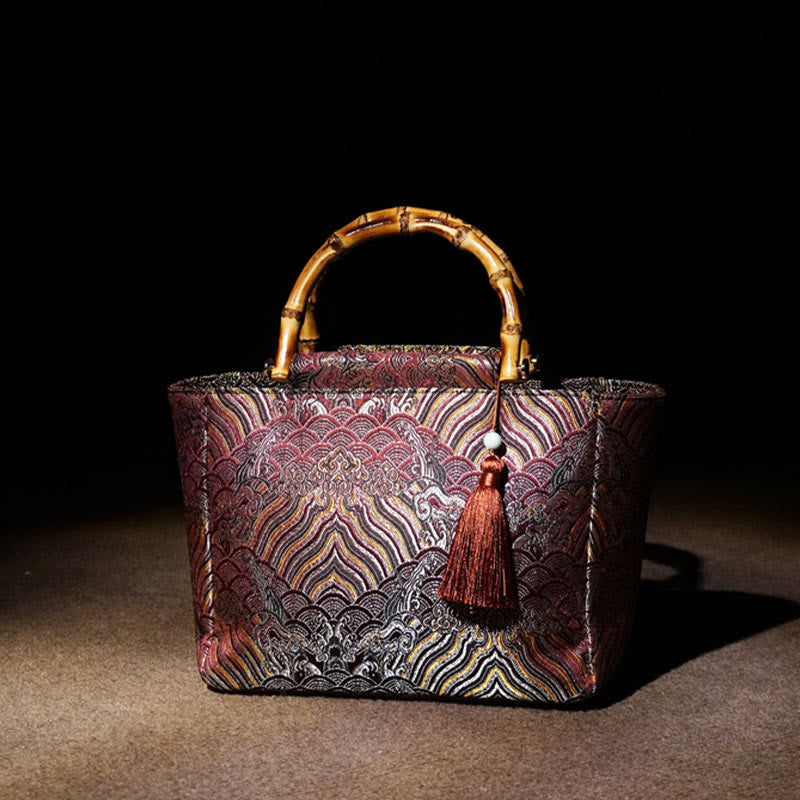 Borse con manico in bambù, perline e nappe, motivo a onde di acqua di mare , Buddha Stones