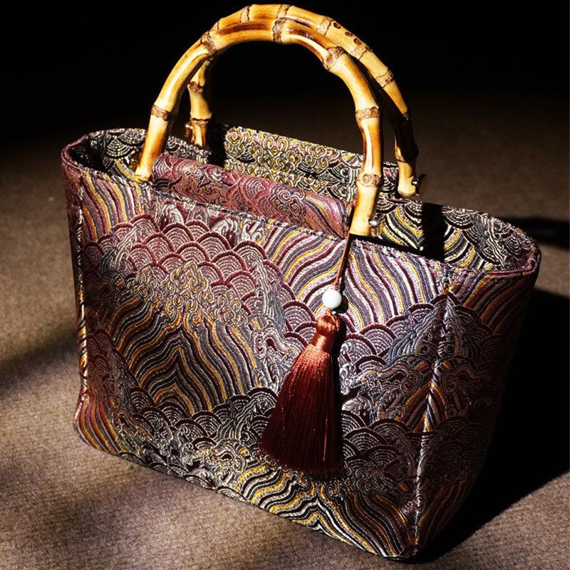 Borse con manico in bambù, perline e nappe, motivo a onde di acqua di mare , Buddha Stones