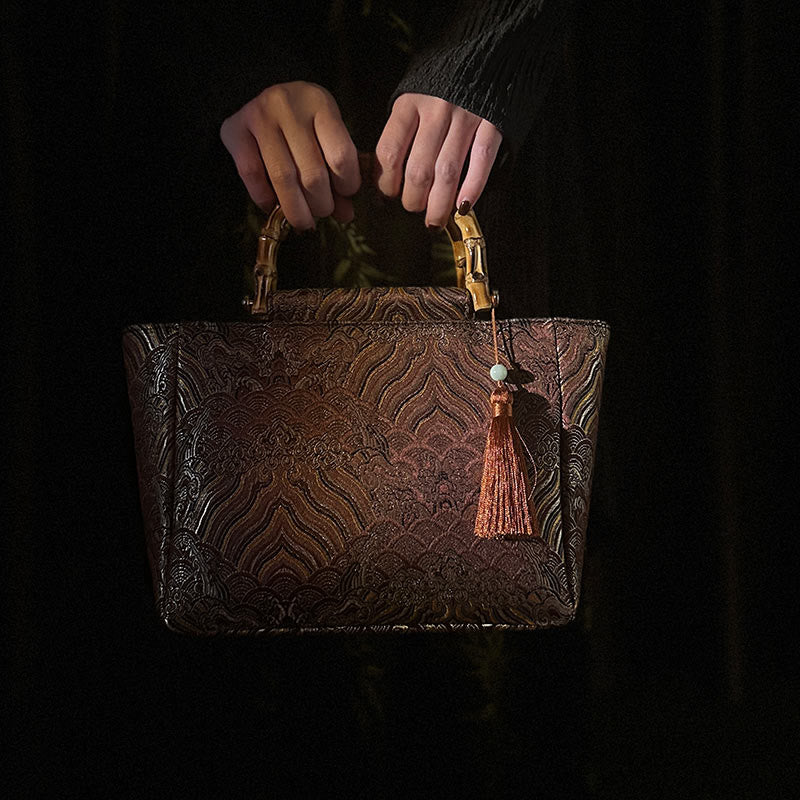 Borse con manico in bambù, perline e nappe, motivo a onde di acqua di mare , Buddha Stones