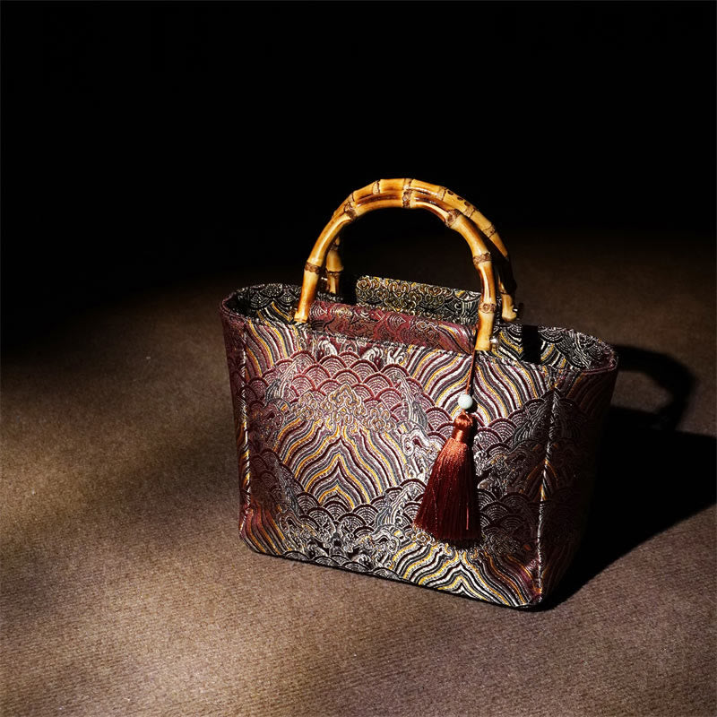 Borse con manico in bambù, perline e nappe, motivo a onde di acqua di mare , Buddha Stones