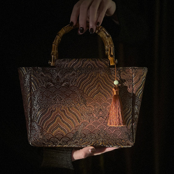 Borse con manico in bambù, perline e nappe, motivo a onde di acqua di mare , Buddha Stones