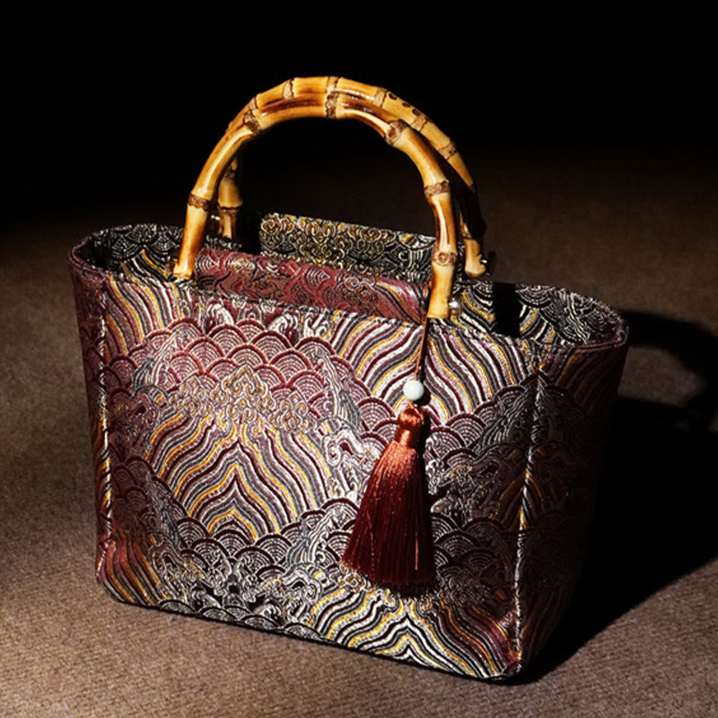 Borse con manico in bambù, perline e nappe, motivo a onde di acqua di mare , Buddha Stones