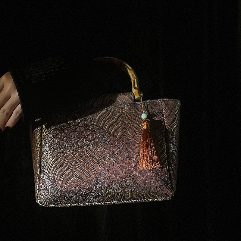 Borse con manico in bambù, perline e nappe, motivo a onde di acqua di mare , Buddha Stones