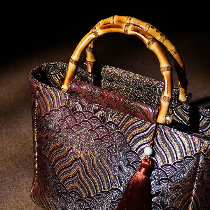 Borse con manico in bambù, perline e nappe, motivo a onde di acqua di mare , Buddha Stones