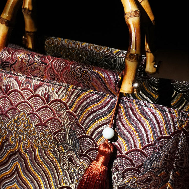 Borse con manico in bambù, perline e nappe, motivo a onde di acqua di mare , Buddha Stones