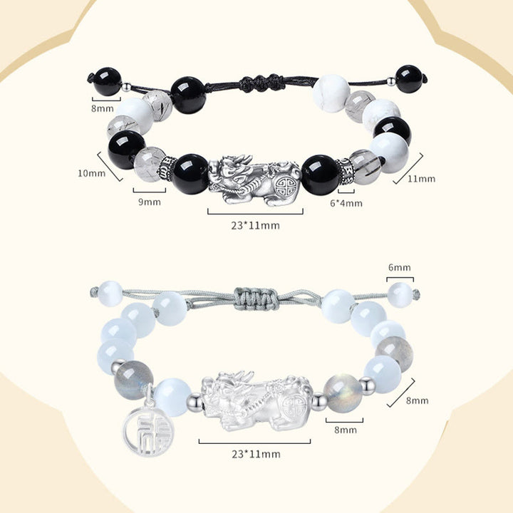 Buddha Stones Pi Xiu Sei parole vere Braccialetto portafortuna in argento sterling 999, ossidiana nera, turchese bianco e crisoberillo - 2 PC - image 17