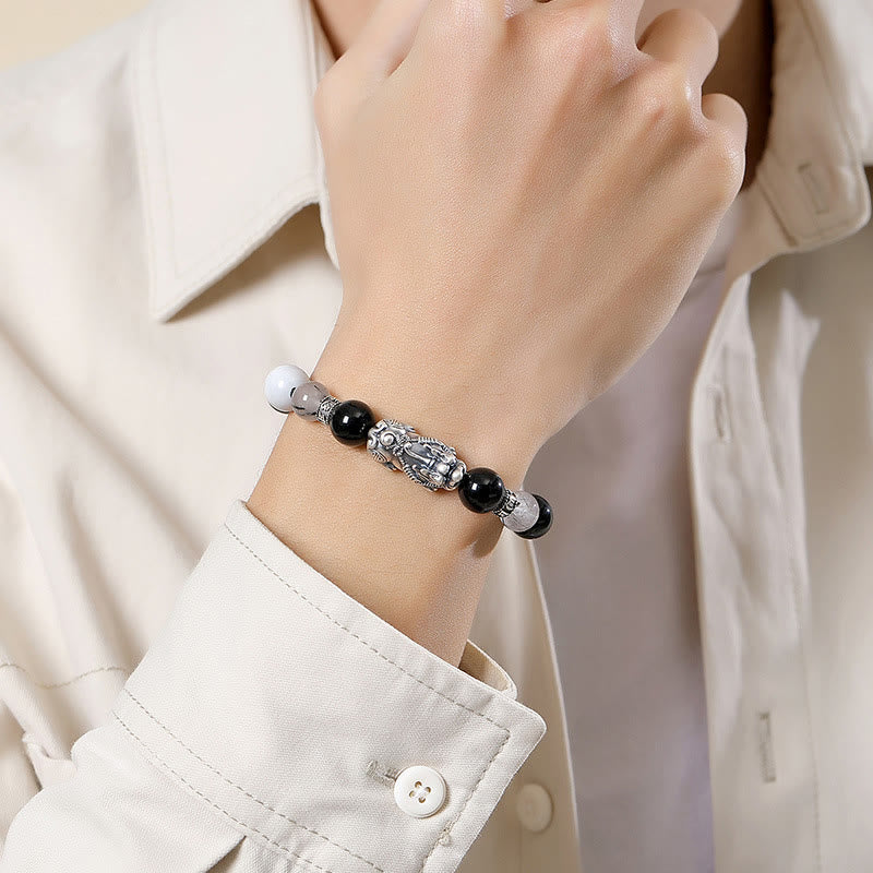 Buddha Stones Pi Xiu Sei parole vere Braccialetto portafortuna in argento sterling 999, ossidiana nera, turchese bianco e crisoberillo - image 4