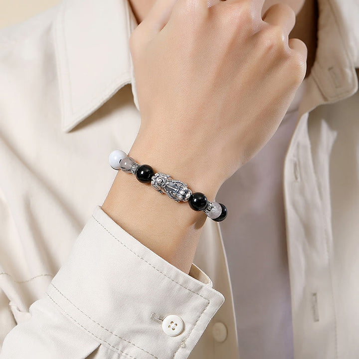 Buddha Stones Pi Xiu Sei parole vere Braccialetto portafortuna in argento sterling 999, ossidiana nera, turchese bianco e crisoberillo - image 4