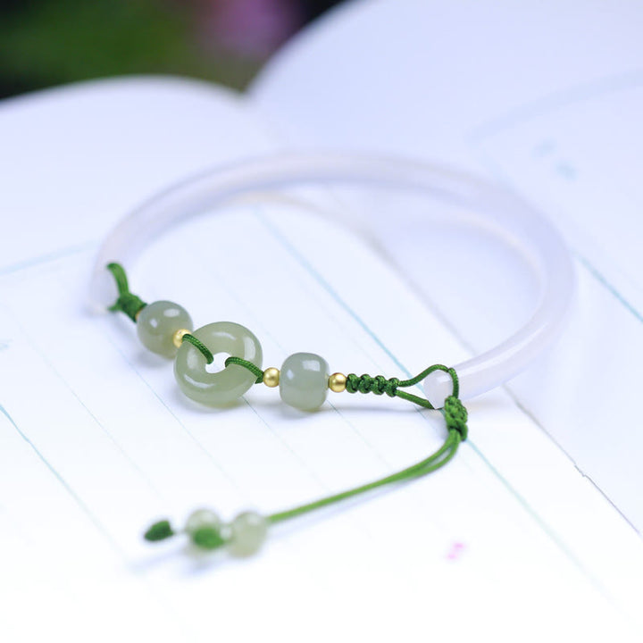 Buddha Stones Agata bianca naturale Perle di giada Hetian Fibbia della pace Braccialetto positivo