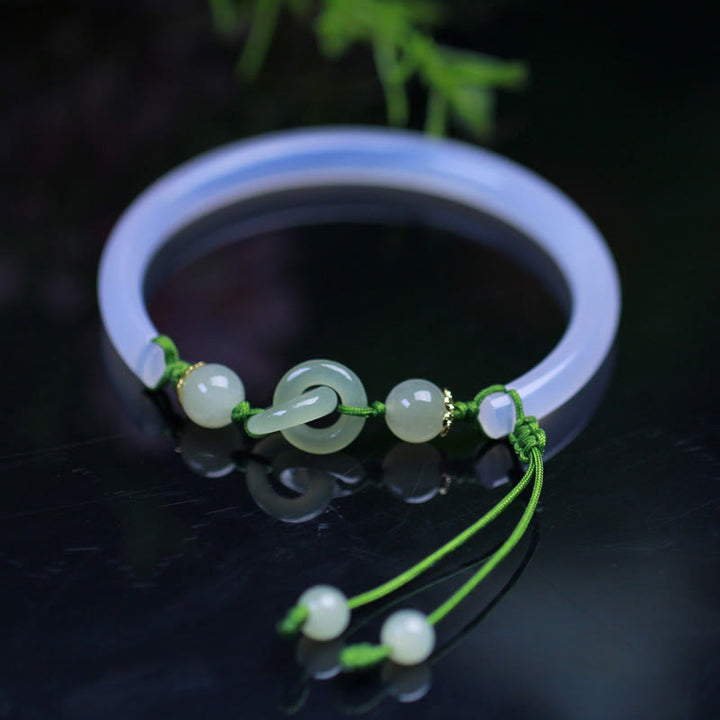 Buddha Stones Braccialetto positivo intrecciato con perle di giada Hetian e agata bianca naturale