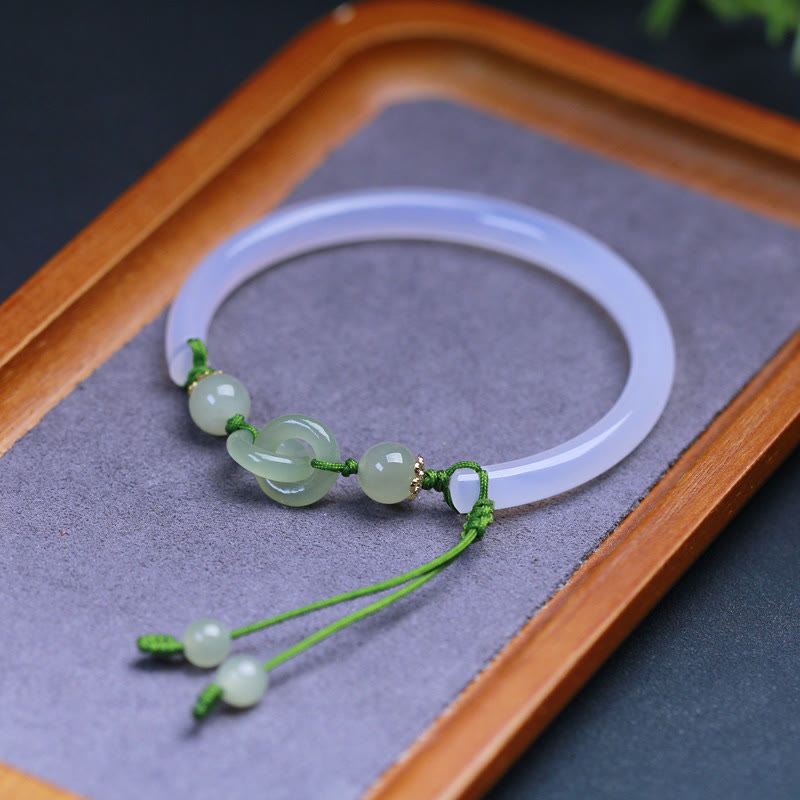 Buddha Stones Braccialetto positivo intrecciato con perle di giada Hetian e agata bianca naturale