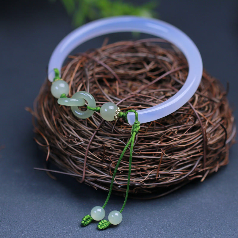 Buddha Stones Braccialetto positivo intrecciato con perle di giada Hetian e agata bianca naturale