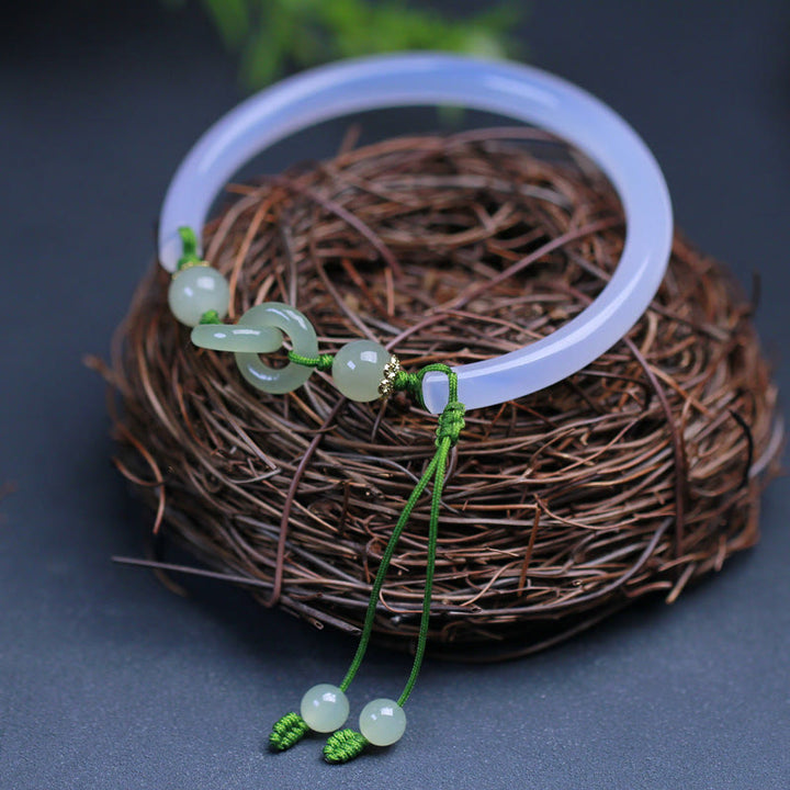 Buddha Stones Braccialetto positivo intrecciato con perle di giada Hetian e agata bianca naturale