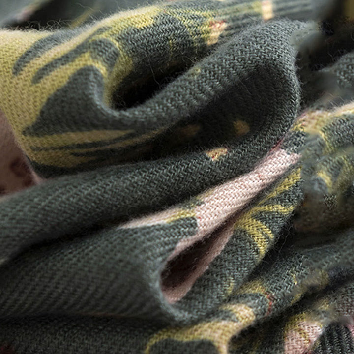 Scialle tibetano con Buddha Stones, fiori che sbocciano, foglie rigogliose, stampa autunnale, invernale, morbido e caldo