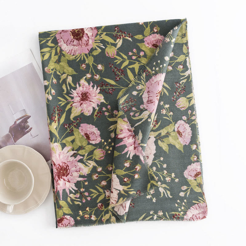 Scialle tibetano con Buddha Stones, fiori che sbocciano, foglie rigogliose, stampa autunnale, invernale, morbido e caldo