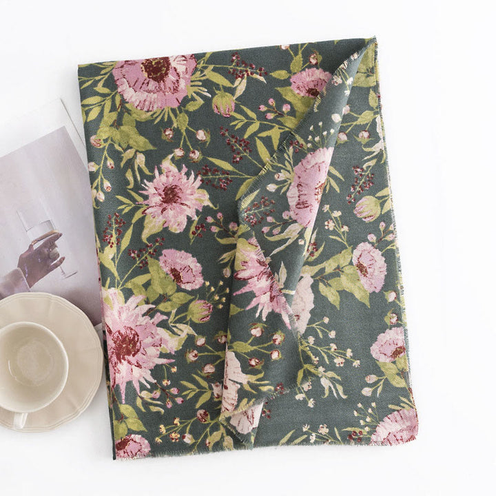 Scialle tibetano con Buddha Stones, fiori che sbocciano, foglie rigogliose, stampa autunnale, invernale, morbido e caldo