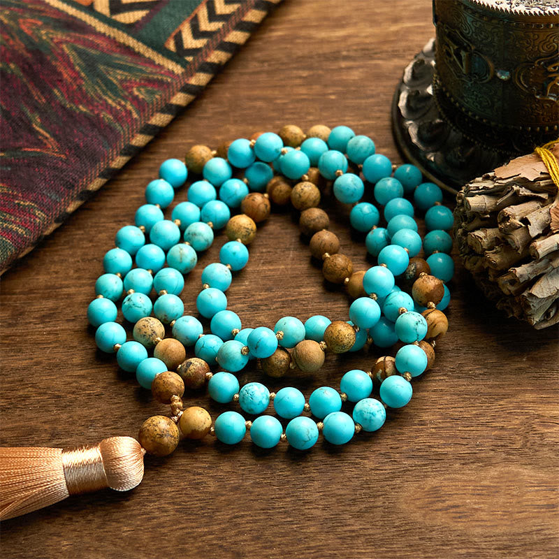 Buddha Stones 108 Mala Beads Turchese Picture Jasper Bead Tassel Braccialetto di equilibrio