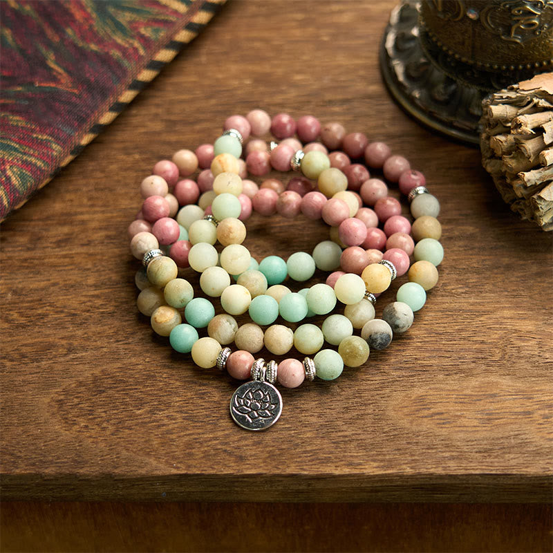 Buddha Stones 108 Mala Rhodonite Amazzonite Perline Braccialetto Compassione Loto