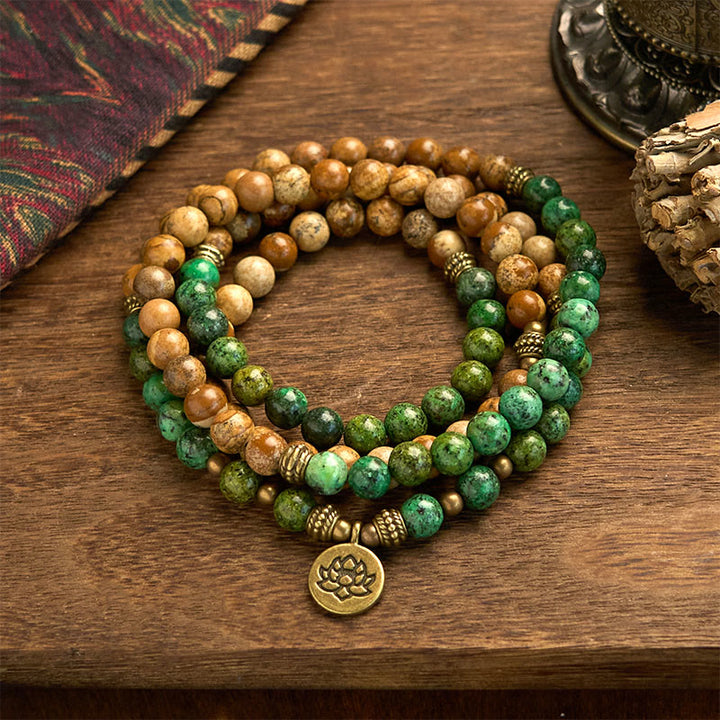 Buddha Stones 108 Mala Beads Pietra Naturale Jasper Turchese Lotus Braccialetto Positivo