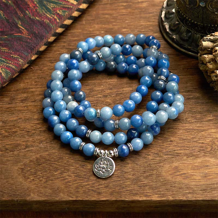 Buddha Stones 108 Mala Beads Multistrato Naturale Blu Aventurina Lotus Bracciale Calma