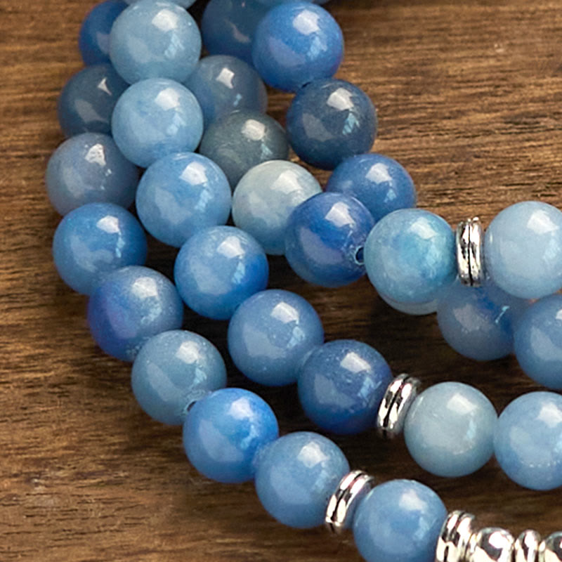 Buddha Stones 108 Mala Beads Multistrato Naturale Blu Aventurina Lotus Bracciale Calma