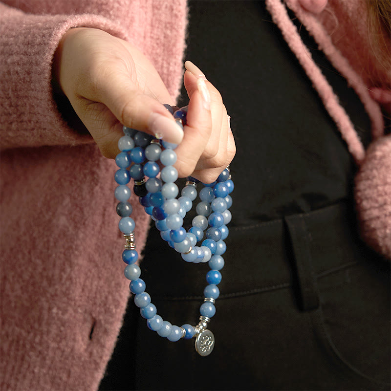 Buddha Stones 108 Mala Beads Multistrato Naturale Blu Aventurina Lotus Bracciale Calma