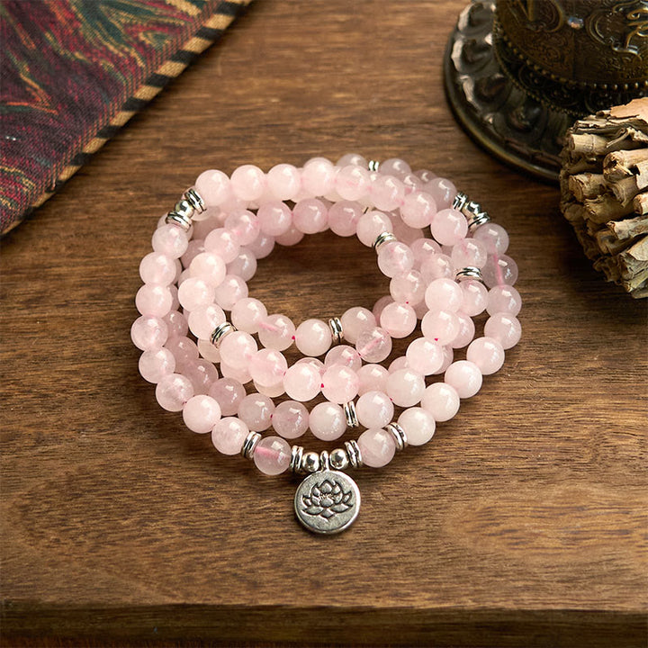 Buddha Stones 108 Mala Beads Pietra naturale Quarzo rosa Braccialetto di loto della pace
