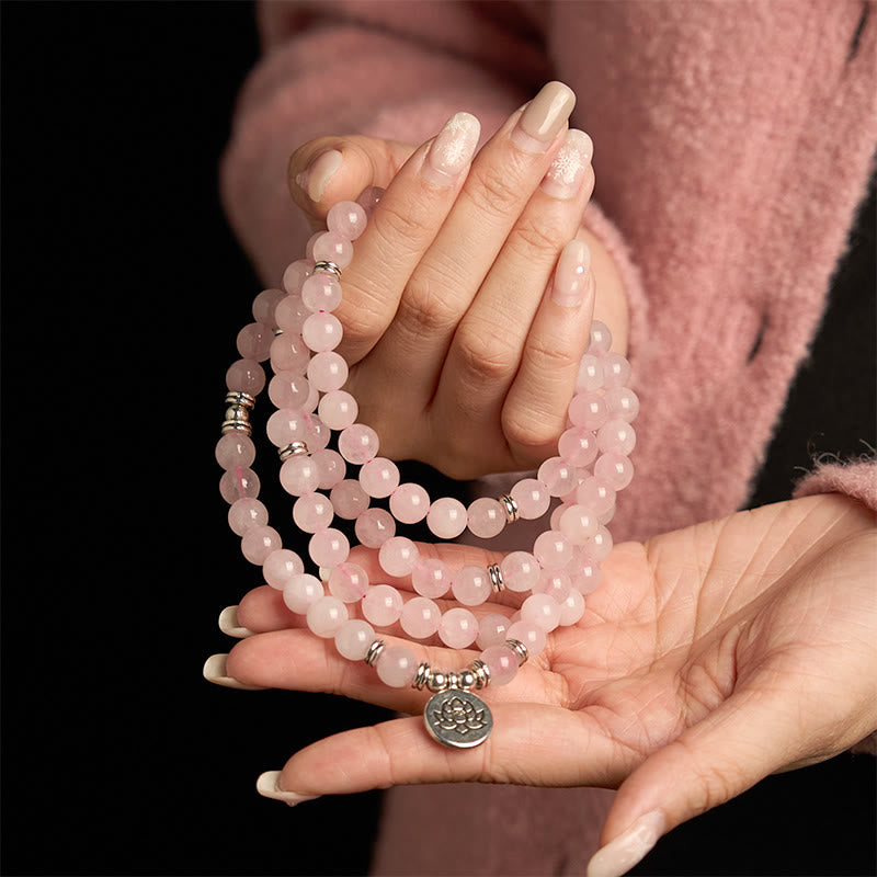 Buddha Stones 108 Mala Beads Pietra naturale Quarzo rosa Braccialetto di loto della pace