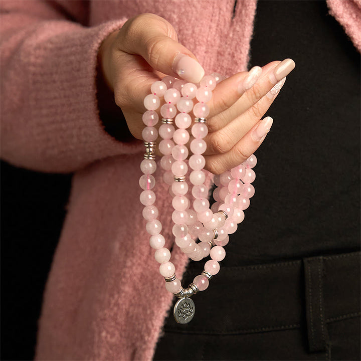 Buddha Stones 108 Mala Beads Pietra naturale Quarzo rosa Braccialetto di loto della pace