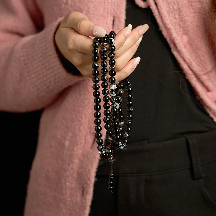 Buddha Stones 108 Mala Beads Pietra Naturale Braccialetto di Protezione in Onice Nero