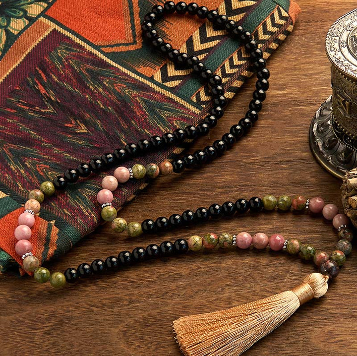 Buddha Stones 108 Mala Beads Diaspro Nero Rodonite Khaki Tassel Braccialetto di Guarigione