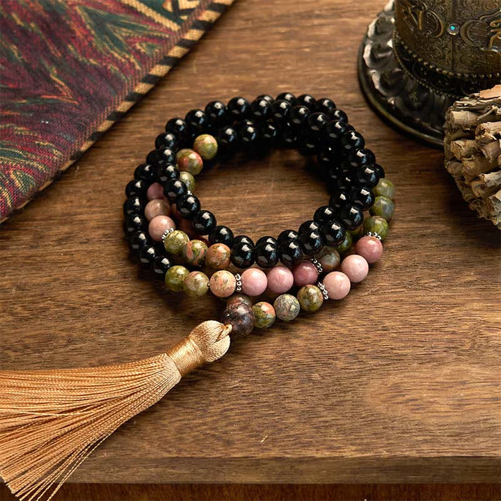 Buddha Stones 108 Mala Beads Diaspro Nero Rodonite Khaki Tassel Braccialetto di Guarigione
