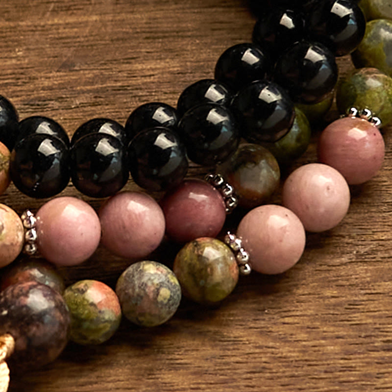 Buddha Stones 108 Mala Beads Diaspro Nero Rodonite Khaki Tassel Braccialetto di Guarigione