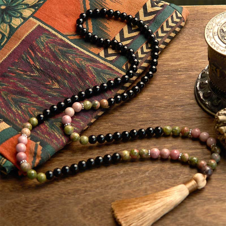 Buddha Stones 108 Mala Beads Diaspro Nero Rodonite Khaki Tassel Braccialetto di Guarigione