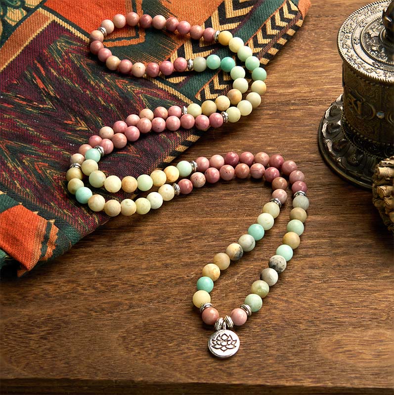 Buddha Stones 108 Mala Rhodonite Amazzonite Perline Braccialetto Compassione Loto