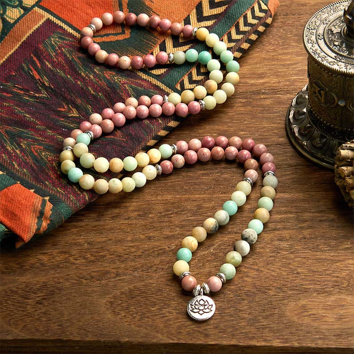Buddha Stones 108 Mala Rhodonite Amazzonite Perline Braccialetto Compassione Loto