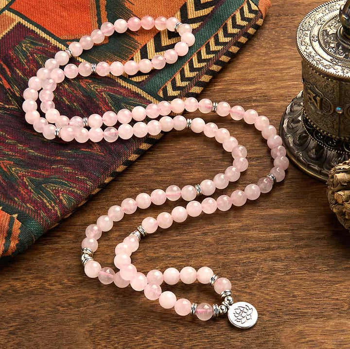 Buddha Stones 108 Mala Beads Pietra naturale Quarzo rosa Braccialetto di loto della pace
